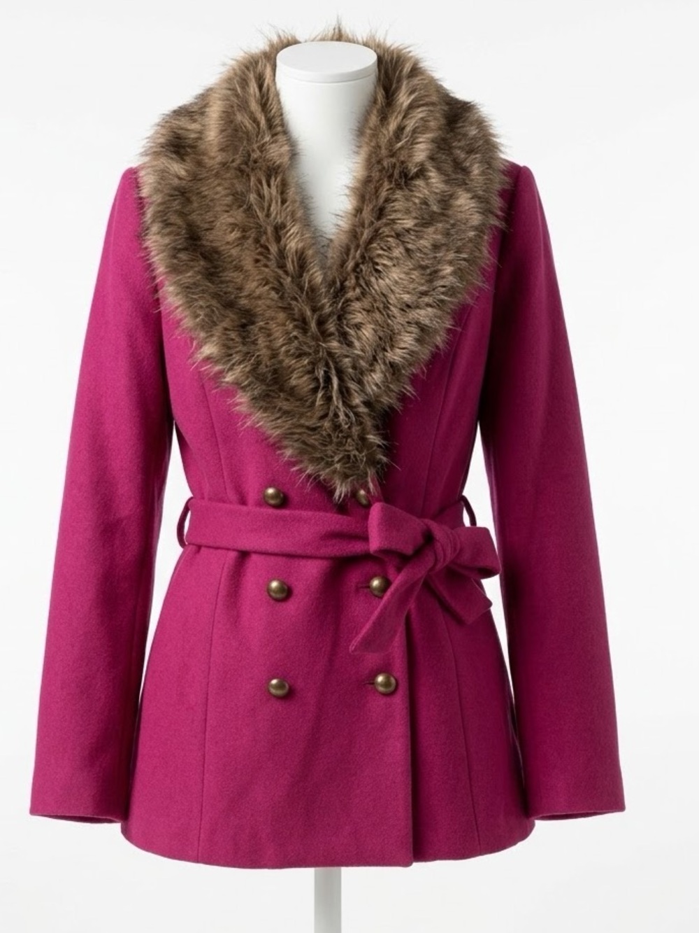 A BYER Statement Pink Peacoat with Gold Buttons & Detachable Faux Fur Collar Med